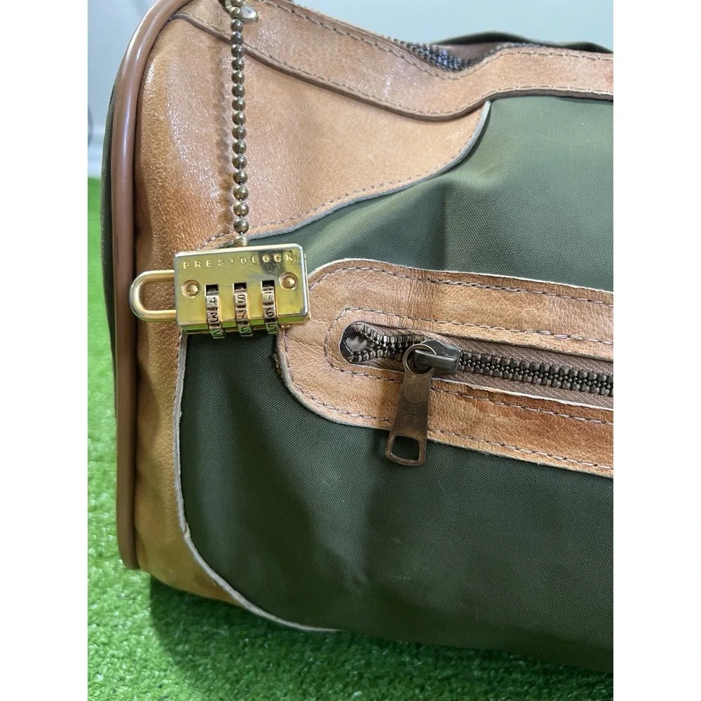 Vintage Waxed Canvas Weekender Duffle Bag Olive Drab Brown Leather Western 70s